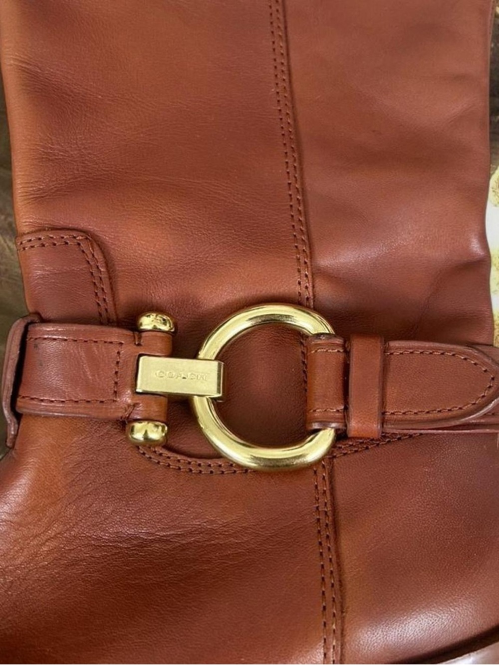 Coach Brown Leather Mid-Calf Heeled Riding Boots with Gold Ring Buckle - Picture 3 of 9